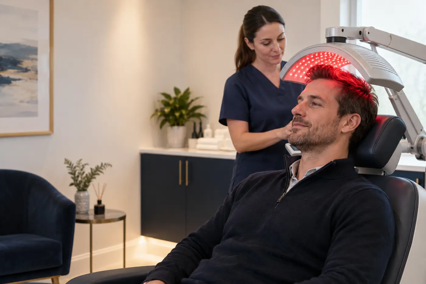 Patient receiving low-level light therapy beneath a clinical red-light canopy