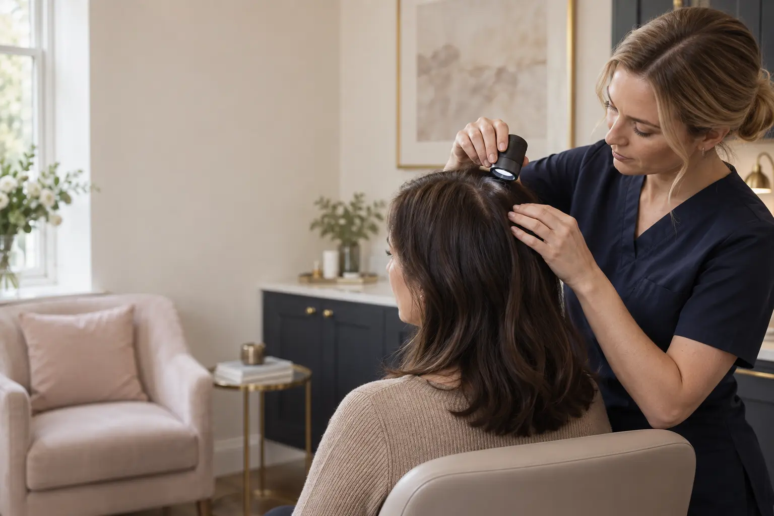 Female clinician examining a woman's scalp and central parting during a hair loss assessment