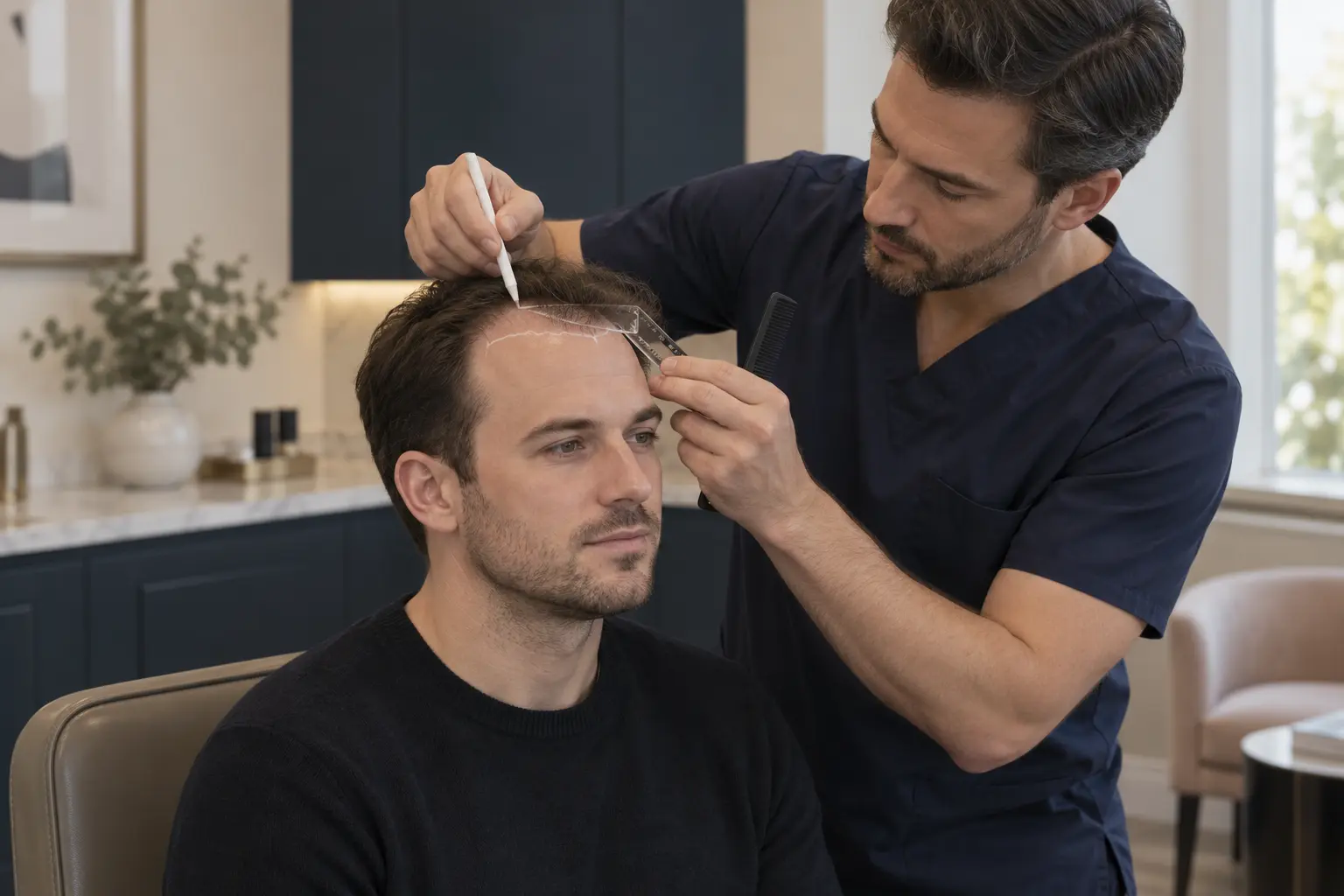 Clinician mapping a conservative proposed hairline during an adult patient's consultation