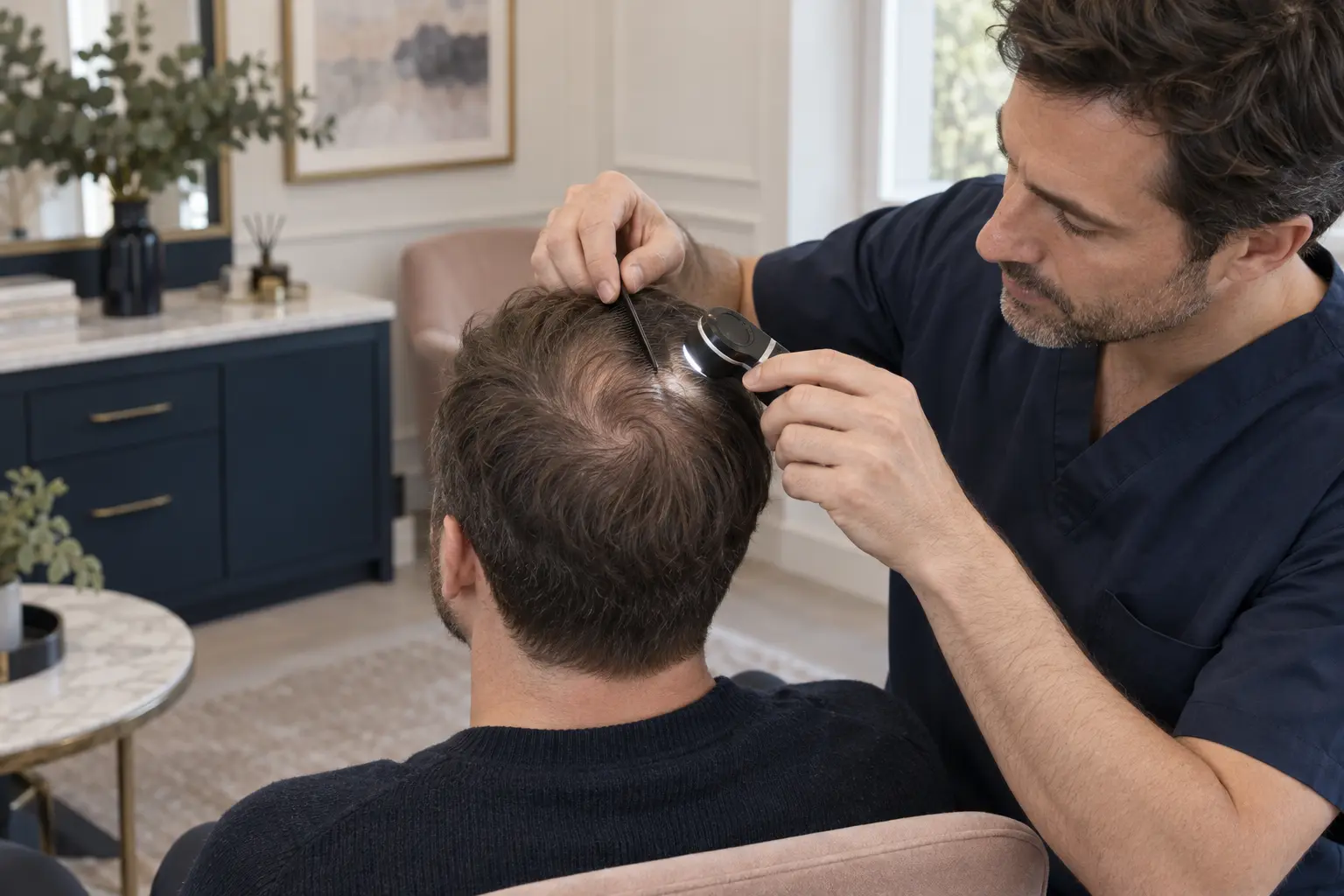 Clinician examining the natural whorl of an adult patient with crown thinning
