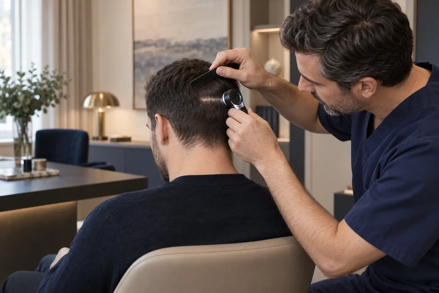 Clinician examining a mature linear hair-transplant donor scar on an adult patient's scalp