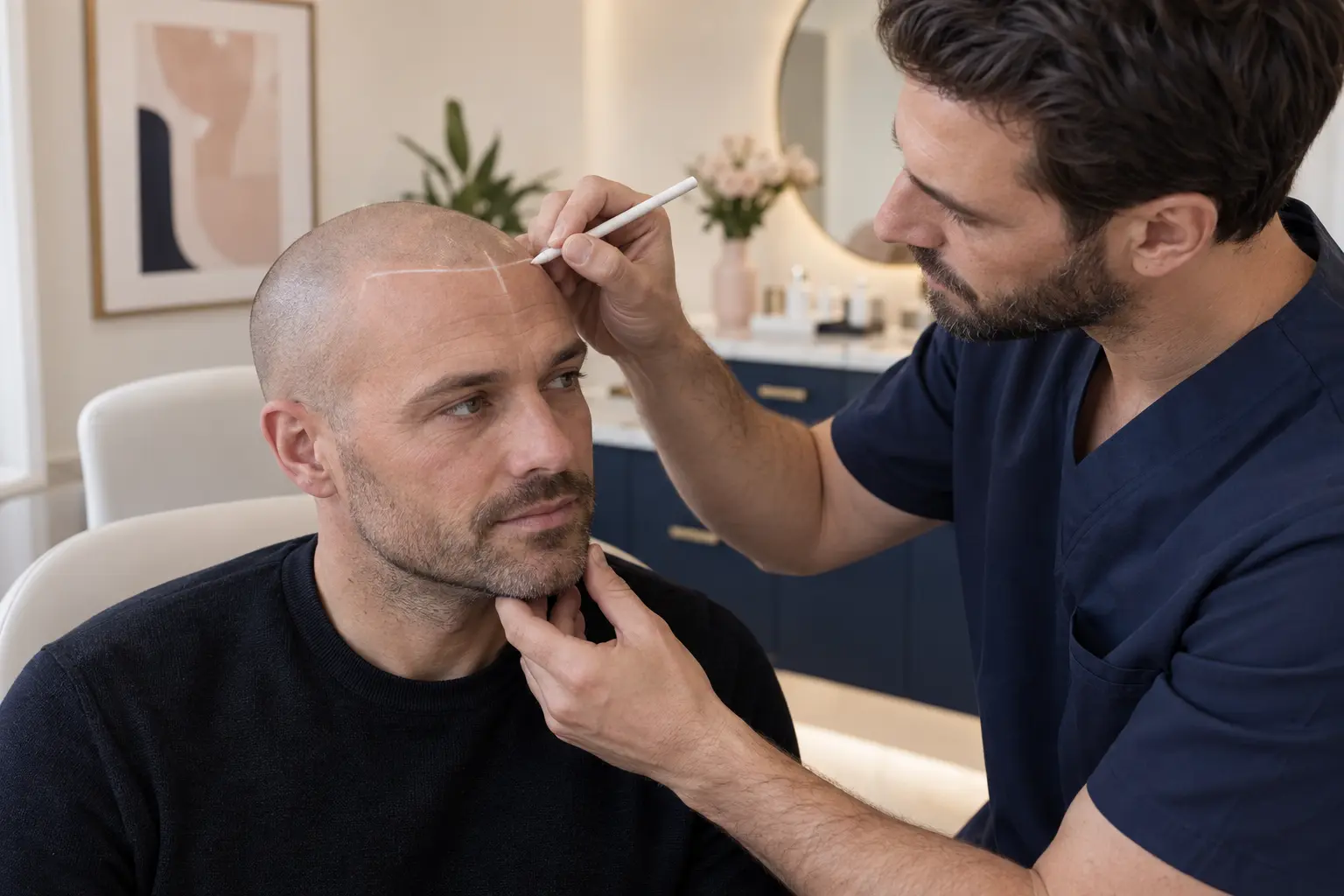 Clinician conservatively mapping a shaved hairline during a scalp micropigmentation consultation